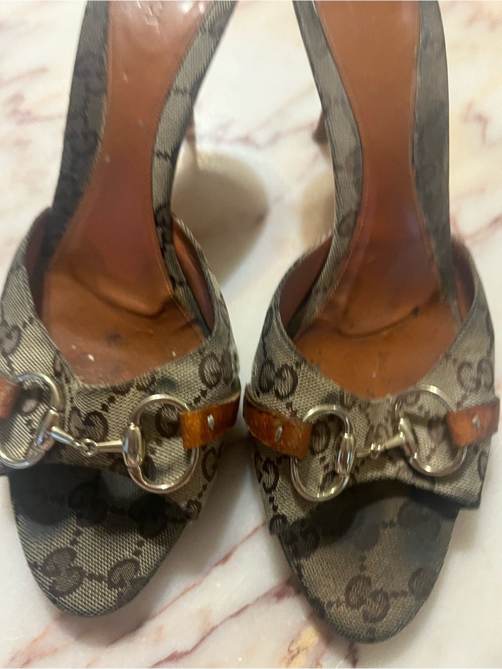 GUCCI  DesignerMonogram Brown Open-Toe Heels with Horsebit Detail